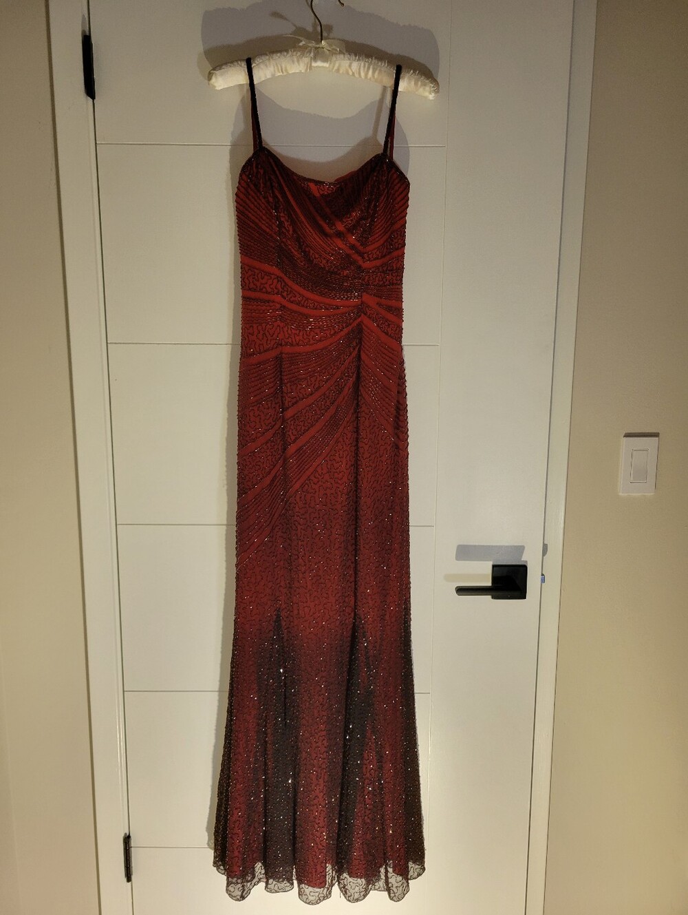 Vintage Mia Bella Size S Silk Red Black Beaded Spaghetti-Strap Evening Gown